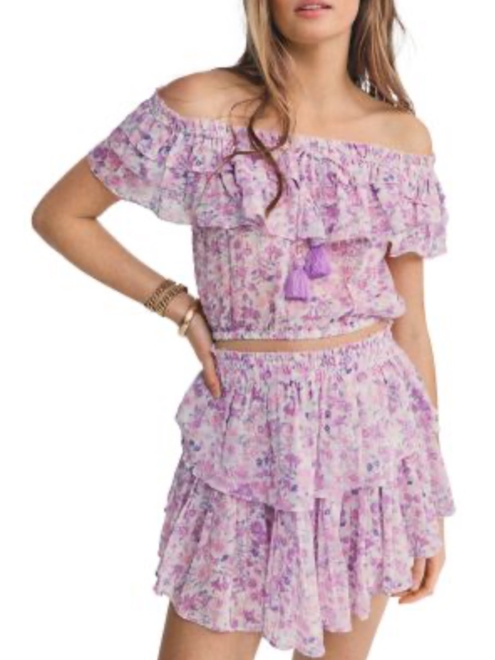 Loveshackfancy Dorin Top and Ruffle Skirt Set in Purple Iris Print Cotton Size L
